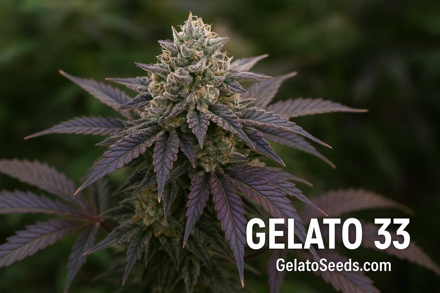 Close-up of a Gelato 33 cannabis plant grown from seed, showcasing dense purple buds coated in trichomes and surrounded by vibrant green leaves under soft lighting.